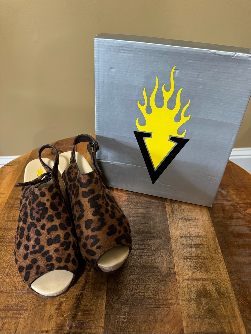 Volatile Leopard Print Brown and Black Slingback Wedge Sandals